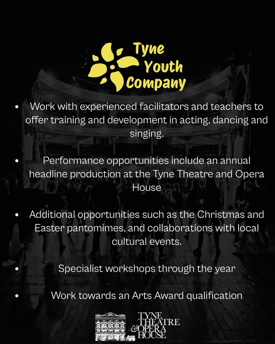TyneOperaHouse's tweet image. Tyne Youth Company relaunches this September for 7-17 year olds of all abilities to develop skills in acting, dancing and singing. Members will also have the opportunity to perform on our iconic stage 🎭
Find out more: bit.ly/TyneYouth ℹ️