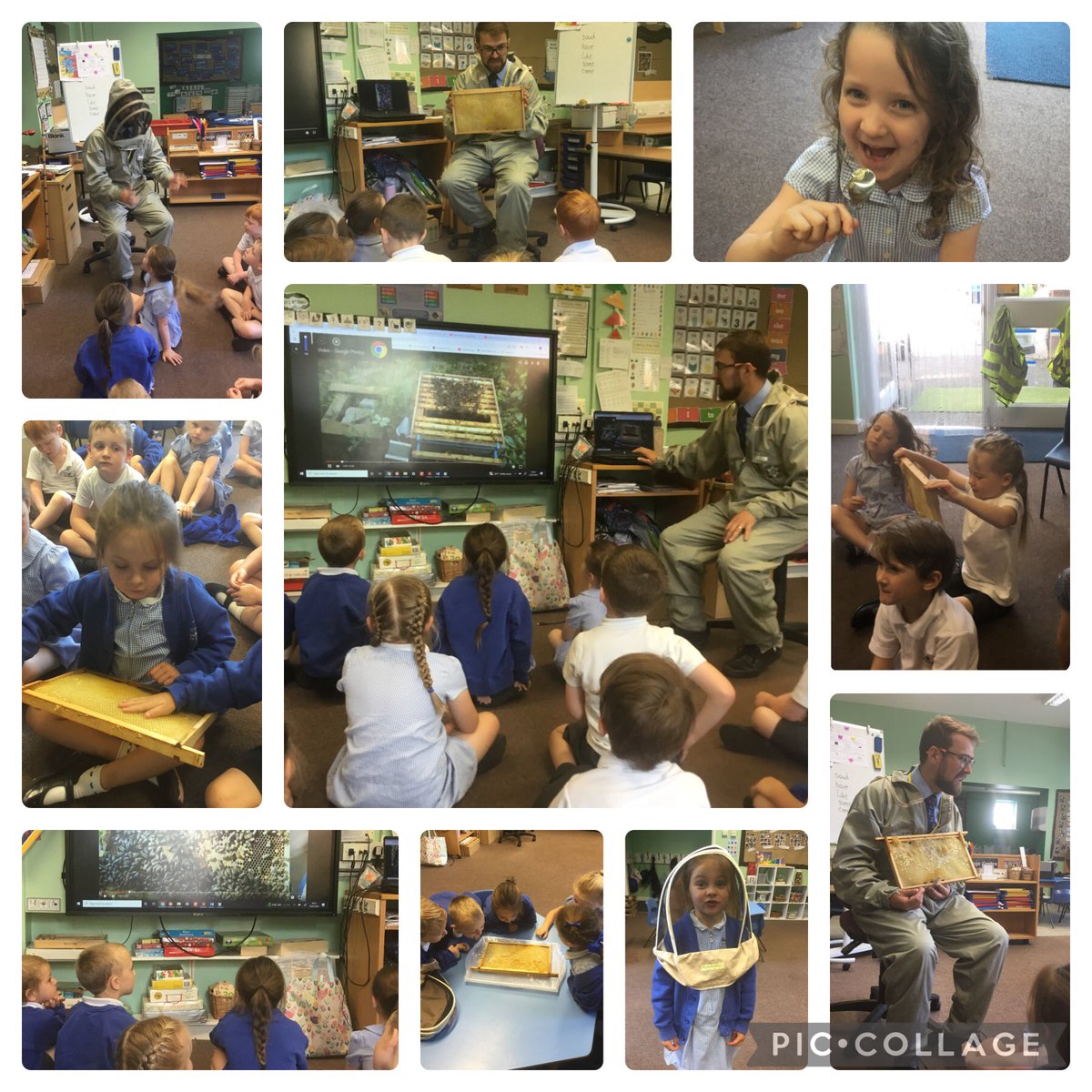 This morning we had a visit from Mr Heathcote, who came in to talk to us about his bees and about being a bee keeper. We even got to try some fresh honey from his hive! Thank you Mr Heathcote we loved it! <a href="/SchoolWhitegate/">Whitegate C/E School</a>