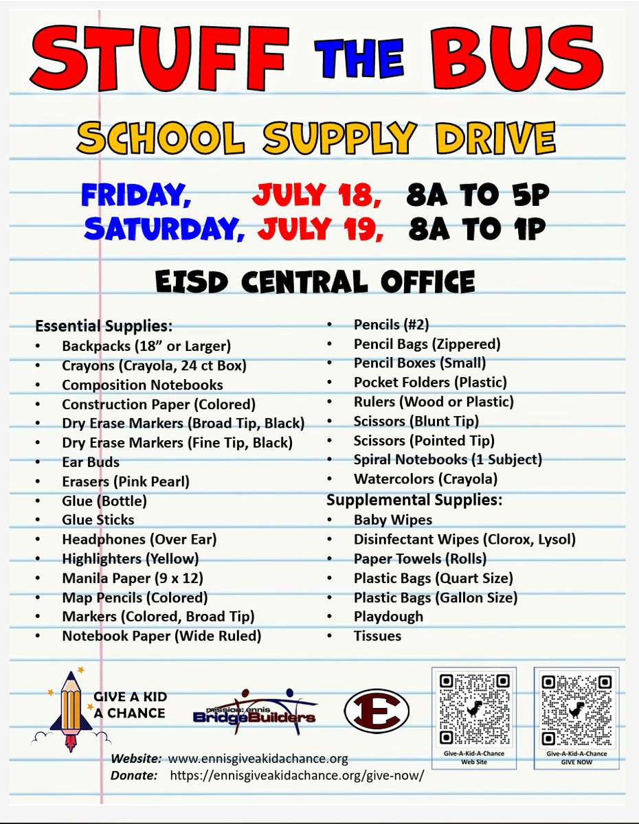 EnnisISD's tweet image. Help &quot;Stuff the Bus&quot; for Give A Kid A Chance. This Friday and Saturday, July 18-19th.