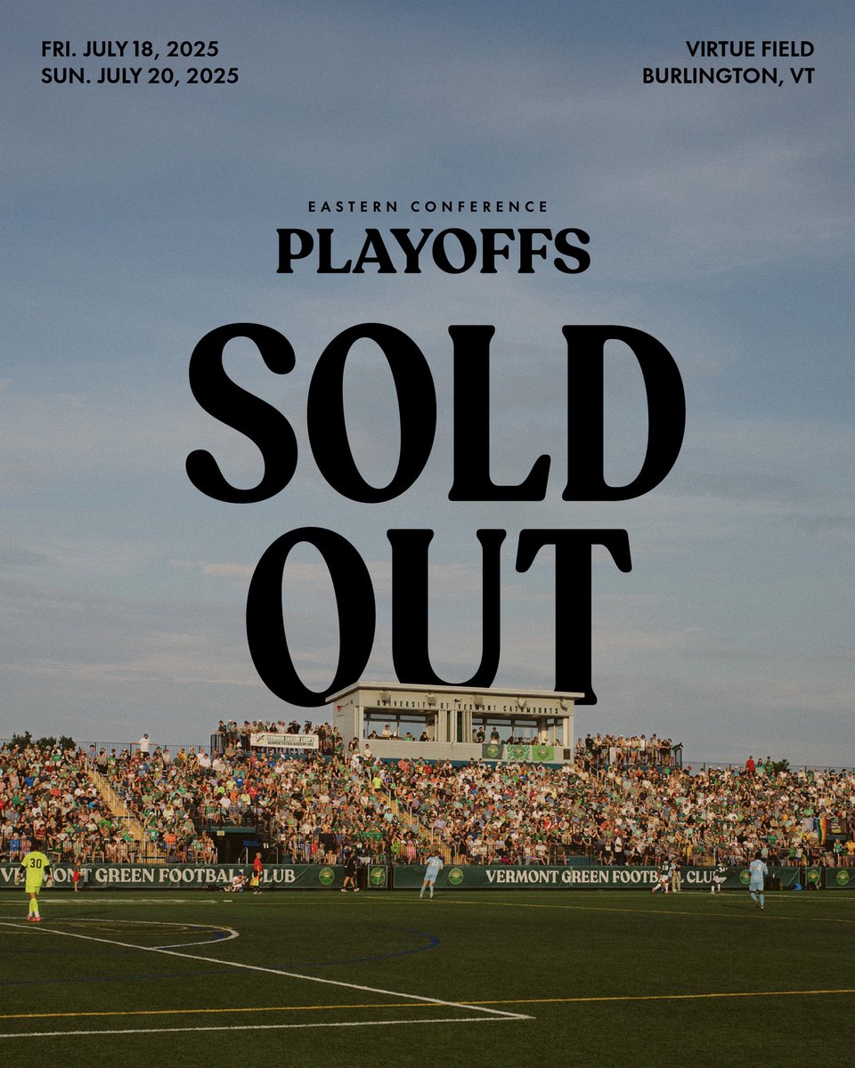 VermontGreenFC's tweet photo. The USL League Two Playoffs, Rounds of 32 & 16, at Virtue Field sold out in less than four minutes.
We are incredibly proud of the Vermont soccer community for this unprecedented show of support. Please bear with us as our staff navigates the overwhelming demand and inquiries. https://t.co/3nzoZHHdRt