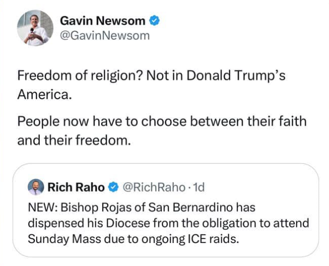 THE OCpatriot™ (@ocpatriot_) on Twitter photo I'm old enough to remember when <a href="/GavinNewsom/">Gavin Newsom</a> banned people from going to church and then forcibly tried to stop any church that defied him.
But No Kings, right? I'm old enough to remember when <a href="/GavinNewsom/">Gavin Newsom</a> banned people from going to church and then forcibly tried to stop any church that defied him.
But No Kings, right?