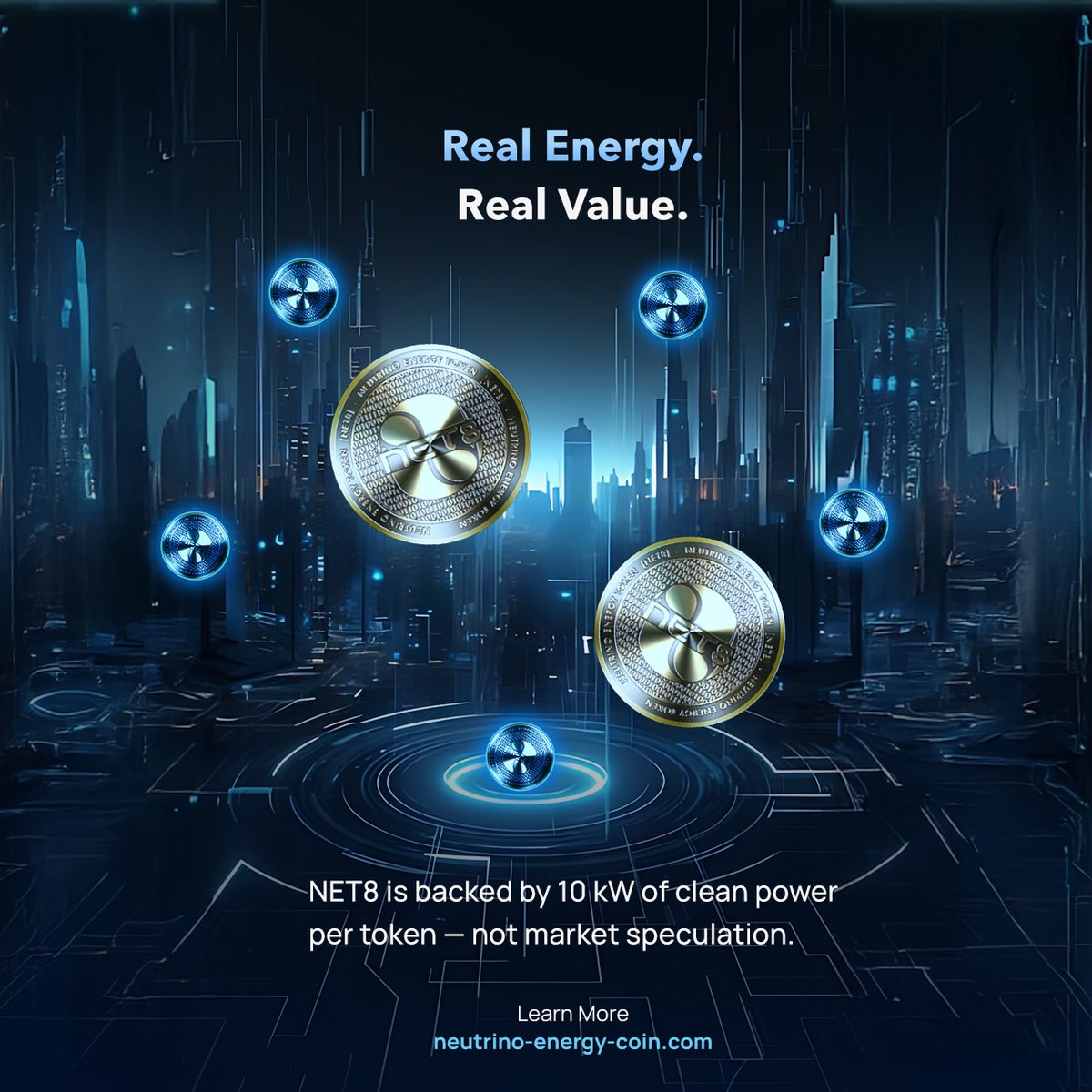 NET8: Where Energy Meets Stability

Tired of crypto volatility?

NET8 offers a refreshing change.

Each token is tethered to 10 kW of renewable energy, ensuring real-world value.

With 40% of tokens locked until 2027 and smart contracts that mint tokens only when energy is