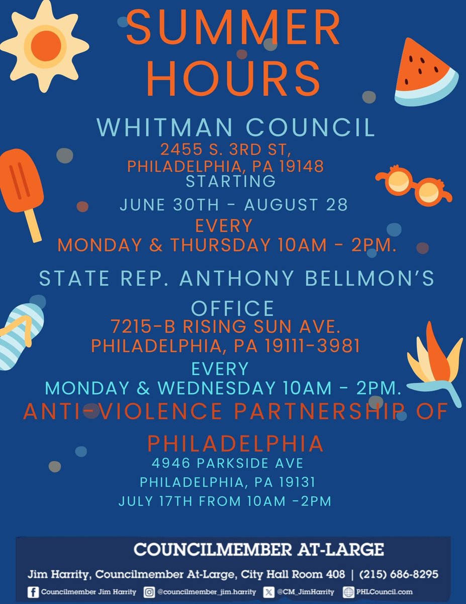 CM_JimHarrity's tweet image. We’re bringing City Hall to your neighborhood this summer! ☀️
Need help with L&I issues, shut-off notices, or safety concerns? Check our summer hours below. We’re here to help.
#Philly #SummerHours #Community