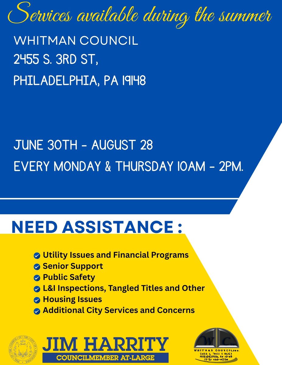 CM_JimHarrity's tweet image. We’re bringing City Hall to your neighborhood this summer! ☀️
Need help with L&I issues, shut-off notices, or safety concerns? Check our summer hours below. We’re here to help.
#Philly #SummerHours #Community