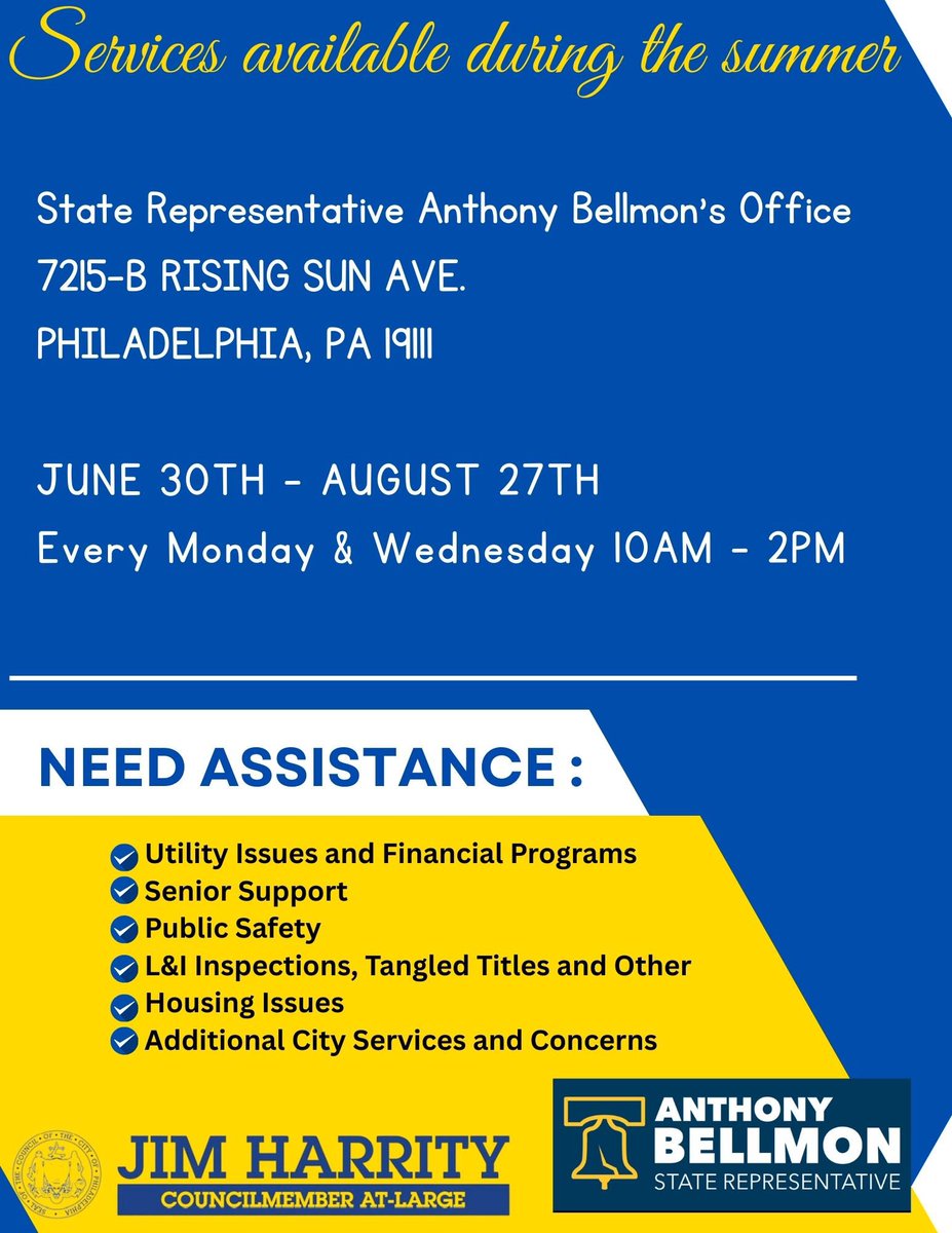 CM_JimHarrity's tweet image. We’re bringing City Hall to your neighborhood this summer! ☀️
Need help with L&I issues, shut-off notices, or safety concerns? Check our summer hours below. We’re here to help.
#Philly #SummerHours #Community