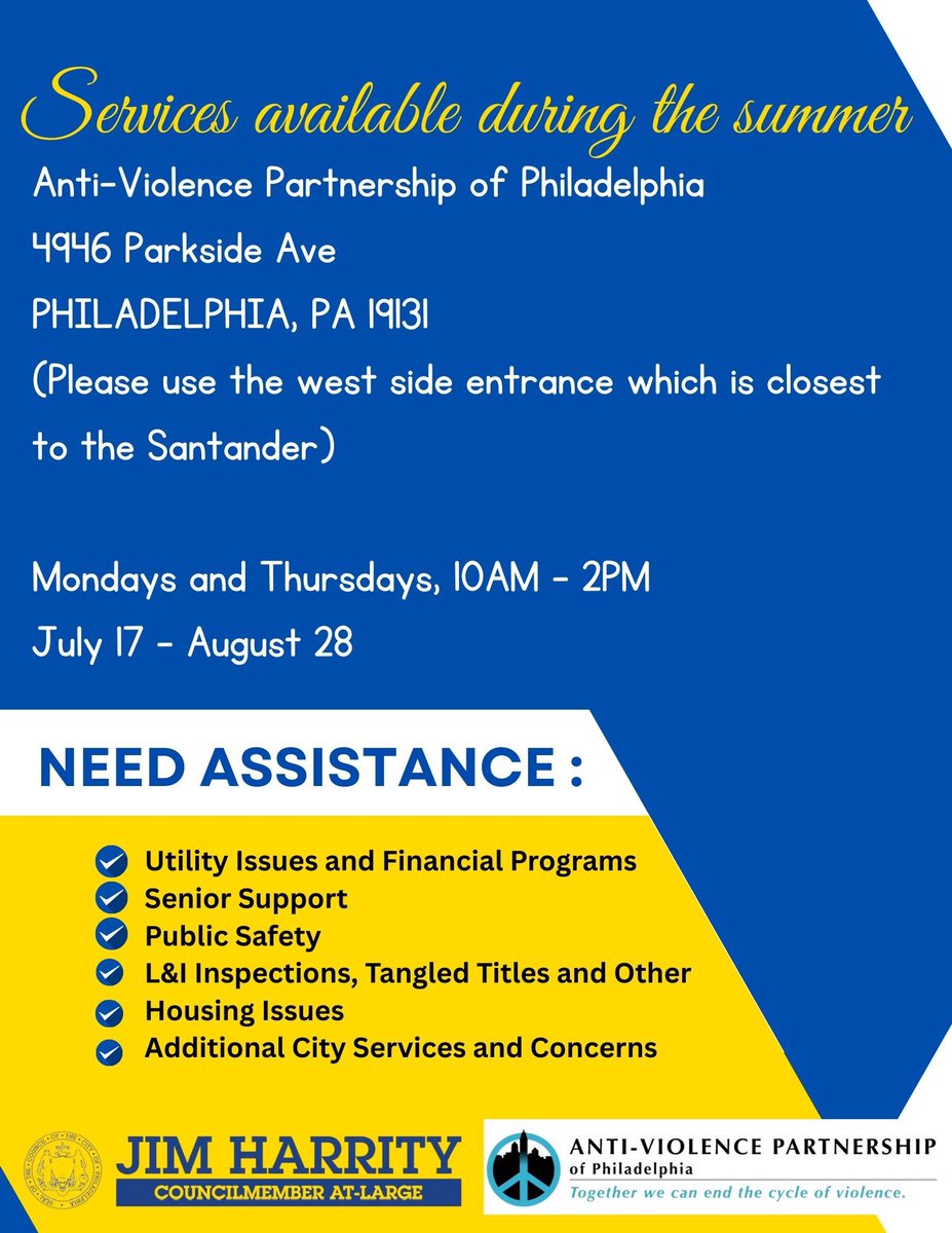 CM_JimHarrity's tweet image. We’re bringing City Hall to your neighborhood this summer! ☀️
Need help with L&I issues, shut-off notices, or safety concerns? Check our summer hours below. We’re here to help.
#Philly #SummerHours #Community