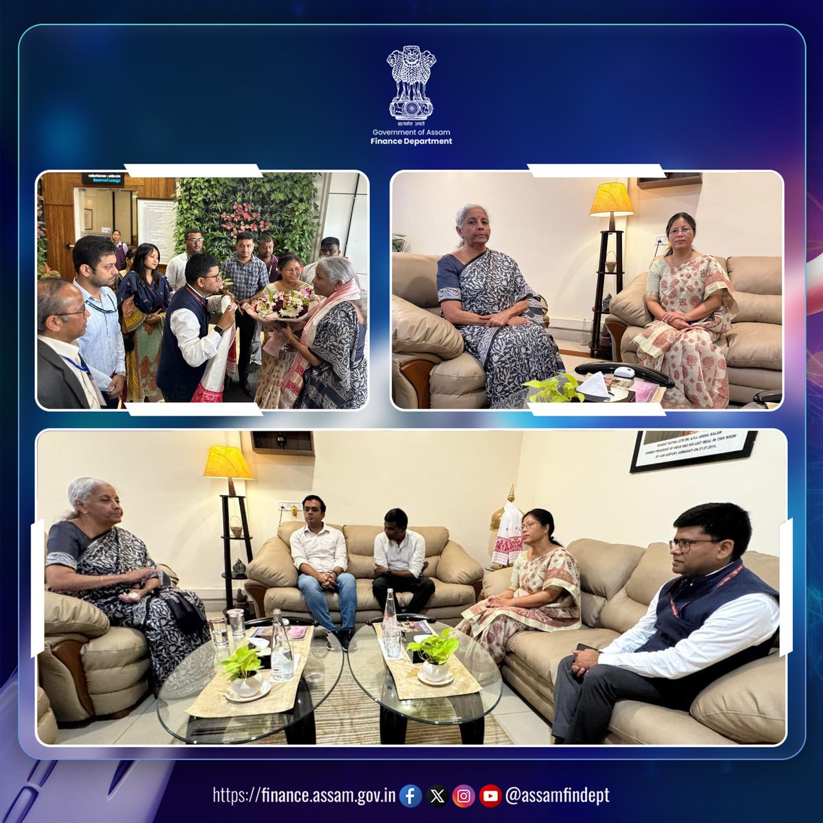 AssamFinDept's tweet image. Assam Minister @GorlosaNandita and Commissioner & Secretary, Finance Dept, Jayant Narlikar, expressed gratitude for Centre's solid support to the state while discussing state finances as they called on Union Finance Minister @nsitharaman during her transit at Guwahati Airport.
