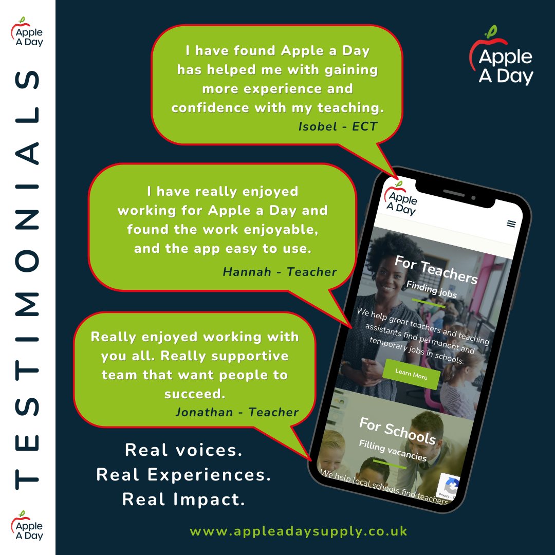 Apple_Supply's tweet image. 🌟 Why teachers choose Apple A Day  

From ECTs to experienced teachers, we&apos;re proud to support brilliant teachers at every stage of their career

Let&apos;s find your next role.👇

📩 info@appleadaysupply.co.uk
📞 01225 30 20 11

#SupplyTeaching #EducationRecruitment #TeachingSupport