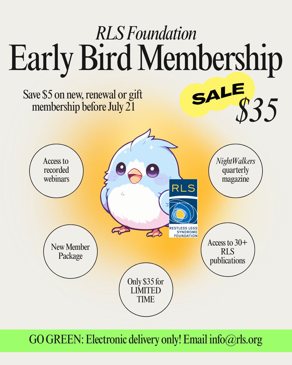 RLSFoundation's tweet image. For ONE MORE WEEK our Early Bird Membership deal can be yours!  Save $5 on new, renewal or gift membership before July 21. For just $35, you’ll gain access to membership benefits:
🐣 All memberships are annual and expire on September 30 of the following year.
#rls #sleepscience