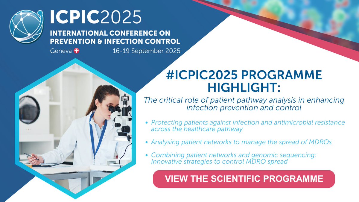 #ICPIC2025 Programme highlight: The critical role of patient pathway analysis in enhancing infection prevention and control. 🦠

Speakers: Derek Cocker, Laura Temime and Frances Davies.

➡️ View the scientific programme: tinyurl.com/ICPIC-2025-Pro…