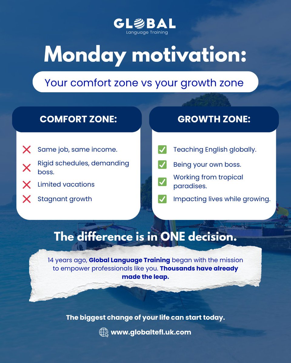 globaltefluk's tweet photo. Monday Motivation: Your comfort zone vs your growth zone 💪
The difference between these two lives? ONE decision.

#MondayMotivation #TeachAbroad #CareerChange #ComfortZone #GrowthMindset #GlobalLanguageTraining #TEFLLife #TransformationMonday https://t.co/dz1J3Q6pz2