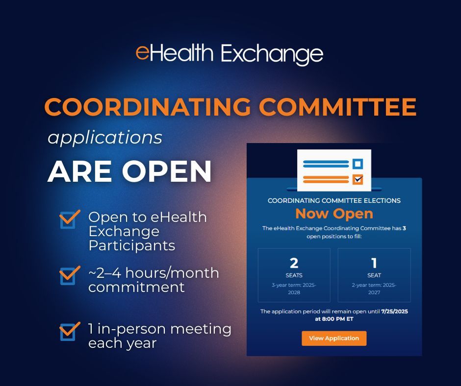 Now Accepting Applications!
The eHealth Exchange Coordinating Committee is seeking three new representatives to help guide the future of nationwide health information exchange.

Application window: July 14 – July 25

Learn more and apply here: ehealthexchange.org/what-we-do/gov…