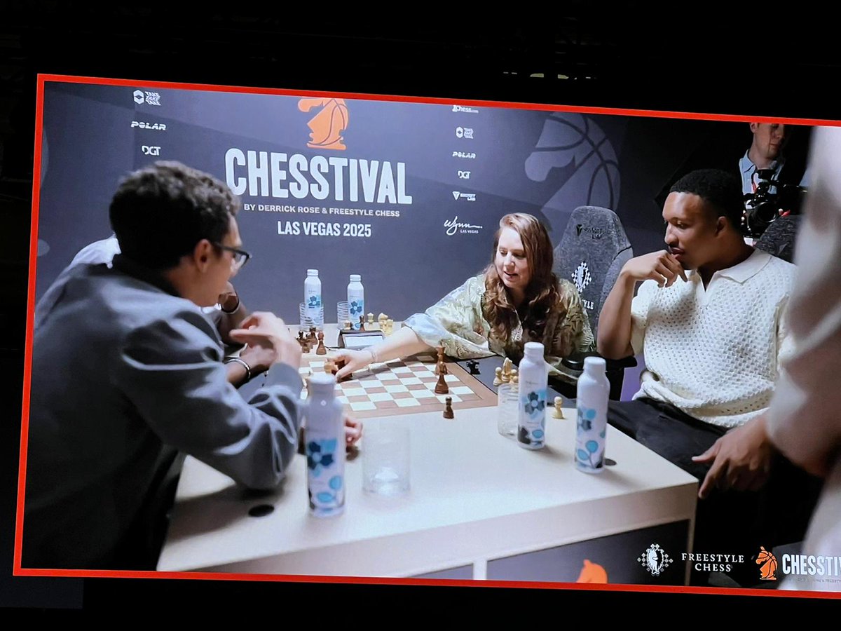 GMJuditPolgar's tweet photo. We had an incredible run at the first #Chesstival dreamed up by Derrick Rose @drose and @MagnusCarlsen !✨
Teaming up with @Grant2Will Grant Williams was great fun! He is not only interested in chess. He also shows his determination and focus on the chessboard. The first game was tough as I did not know much about either my partner or his chess, and it was also a new experience for me to play freestyle with @RajonRondo  & @GMHikaru. We all come from the sports field. It does not matter if you are a chess player or a basketball player, because it is in our blood that we want to win. So it was a cheerful moment winning the game.🙂
The semifinal was tough again, but since I understood my partner's chess level, I felt that I could help him with better guidance during the fight vs. @viditchess & @ThisIsJRE Jeremiah Robinson-Earl. They played in full harmony. But at one point, they had to make a follow-up move and got lost in time trouble.
The finals vs. @FabianoCaruana  & Tony Snell @TonySnell21_ ? It seemed to be a great opening for us. But the white pieces got into action. At some point, it was scary for us. Anyway, we did not give up, fought on, and with some critical defensive moves by Grant, we were able to hold on, and even win at the end in great time trouble.
I am proud of Grant.🙂 He showed great fighting spirit, good nerves, and huge curiosity while we were creating our strategy for each game. His time management was a key factor in our victory. ⏱💪
It was a great pleasure to hold the 25.000 dollar check, donated by @chesscom, is going for charity to the #GrantWilliamsFamilyFoundation, that supports the next generation.❤

#ChessConnectsUs @chess_freestyle
#CharlotteHornets