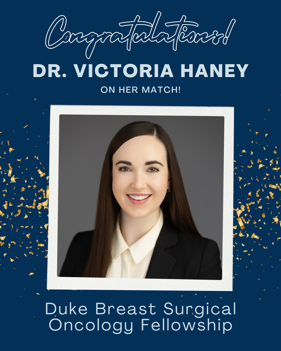 GWSurgery's tweet image. We are ecstatic to celebrate Chief Resident Dr. Victoria Haney @VHaneyMD and her breast surgical oncology fellowship match at Duke 💙✨!! We can’t wait to watch your career flourish as you continue to make us #GWProud 🥳🥹 #BreastSurgery #Match2025