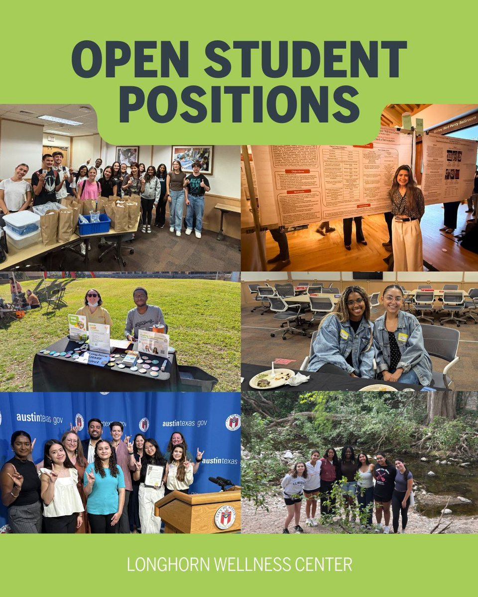 Healthyhorns's tweet image. The Longhorn Wellness Center is hiring undergraduate and graduate student employees for the upcoming academic year!
Search positions on Workday or visit: buff.ly/EBQ6lBc.