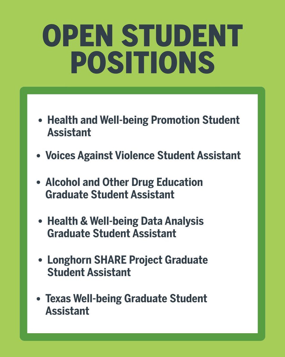 Healthyhorns's tweet image. The Longhorn Wellness Center is hiring undergraduate and graduate student employees for the upcoming academic year!
Search positions on Workday or visit: buff.ly/EBQ6lBc.
