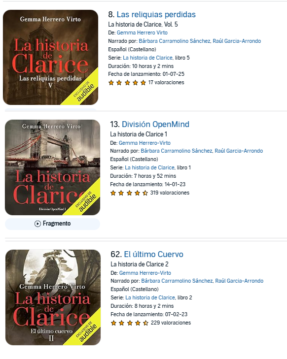 🎧 ¡Las reliquias perdidas sigue arrasando en Audible! 🎧

Si aún no te has sumergido en La historia de Clarice, este es el momento de descubrir la saga de thrillers sobrenaturales del verano.

✨ Disponible en digital, papel y audiolibro. 

👉amzn.eu/d/6NyrRFs