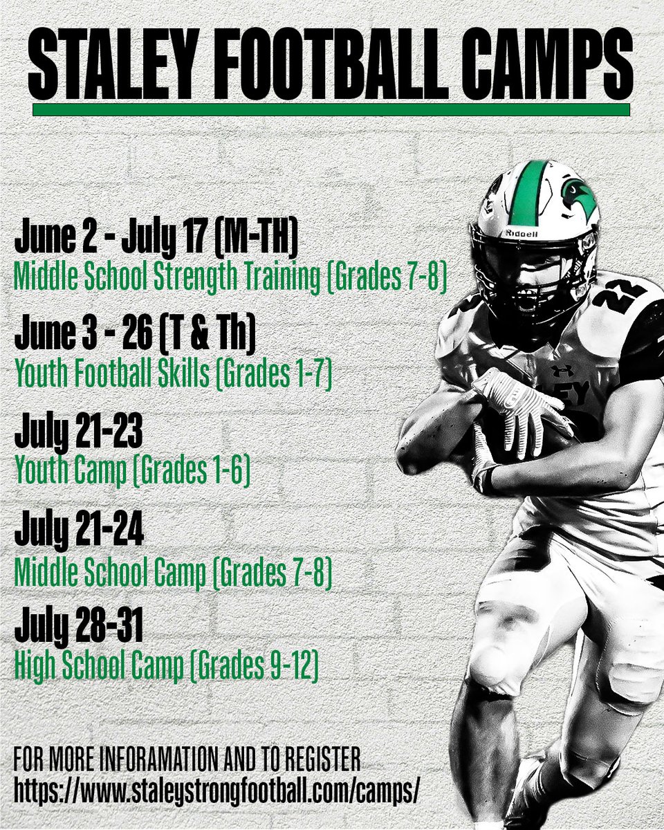 Only one week to go!
Our Youth &amp; Middle School Football Camps start next Monday — it's not too late to join the fun. Sign up today at staleystrongfootball.com! 

#BITS #PlayFAST25 #FAMILY