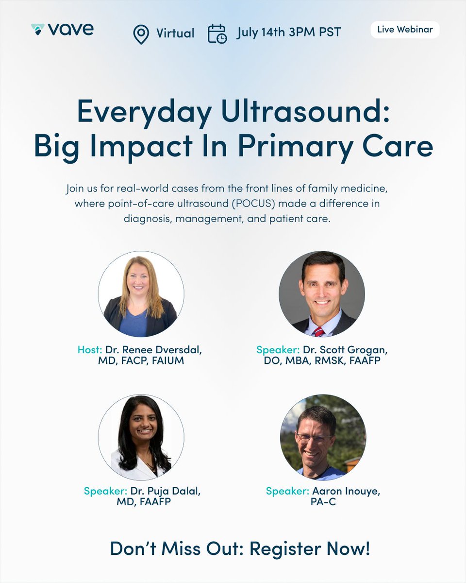 Vave Health (@vavehealth) on Twitter photo TODAY, 7/14 → 3 PM PT ❗
Everyday #Ultrasound: Big Impact in #PrimaryCare
Real clinicians. Real cases. Real impact.
🎙️Hosted by Dr. <a href="/DRsonosRD/">Renee Dversdal</a>
Featuring: Dr. <a href="/Scottiedoc1/">Scott Grogan</a>, Dr. Puja Dalal, & <a href="/PAintheED/">Aaron Inouye</a>
👀Last chance to register: bit.ly/4nIK5W1
#POCUS #FamilyMedicine TODAY, 7/14 → 3 PM PT ❗
Everyday #Ultrasound: Big Impact in #PrimaryCare
Real clinicians. Real cases. Real impact.
🎙️Hosted by Dr. <a href="/DRsonosRD/">Renee Dversdal</a>
Featuring: Dr. <a href="/Scottiedoc1/">Scott Grogan</a>, Dr. Puja Dalal, & <a href="/PAintheED/">Aaron Inouye</a>
👀Last chance to register: bit.ly/4nIK5W1
#POCUS #FamilyMedicine