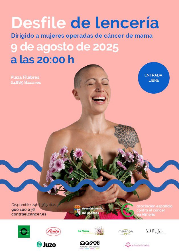 Asociación Española Contra el Cáncer ALMERÍA (@contracanceral) on Twitter photo 👉 Seguimos concienciando sobre la prevención del cáncer de mama.
💗 Bacares acogerá el desfile de lencería, dirigido a mujeres mastectomizadas, el 9 de agosto.
📍 Plaza Filabres.
⏰ 20:00 h.
🎟️ Entrada libre.
<a href="/MagdalenCantero/">Magdalena Cantero</a> <a href="/ContraCancerEs/">Asociación Española Contra el Cáncer</a> 👉 Seguimos concienciando sobre la prevención del cáncer de mama.
💗 Bacares acogerá el desfile de lencería, dirigido a mujeres mastectomizadas, el 9 de agosto.
📍 Plaza Filabres.
⏰ 20:00 h.
🎟️ Entrada libre.
<a href="/MagdalenCantero/">Magdalena Cantero</a> <a href="/ContraCancerEs/">Asociación Española Contra el Cáncer</a>