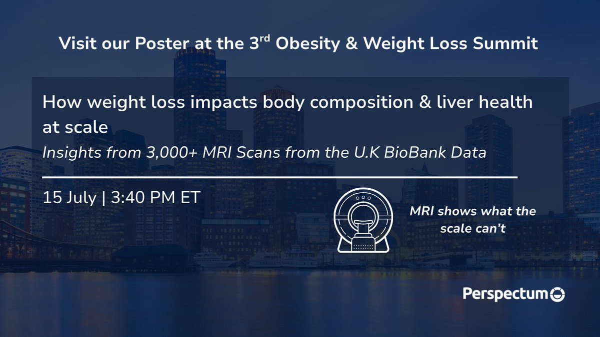 We’re excited to be presenting at the 3rd Obesity &amp; Weight Loss Summit!

Join us on 15 July at 3:40 PM ET to explore how weight loss impacts body composition.

📍 Stop by our poster:
"How weight loss impacts fat, muscle &amp; liver health at scale"

#Perspectum