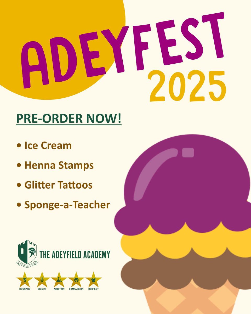 🎉 Adeyfest 🍦
Don’t forget to pre-order your tickets and fun extras for Adeyfest via School Gateway!
Ice Cream Vouchers – Payment closes TONIGHT!
Henna Stamps – Payment closes Wednesday!
Glitter Tattoos – Payment closes Wednesday!
Sponge-a-Teacher – Payment closes Wednesday!
