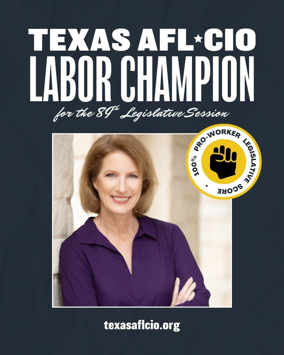 VikkiGoodwinTX's tweet image. Honored to be recognized as a Texas Labor Champion with a 100% score on the @TexasAFLCIO 2025 Pro-Worker Scorecard!
This recognition belongs to every hardworking Texan who deserves dignity on the job, fair wages, and safe workplaces. In times when worker rights face challenges,…
