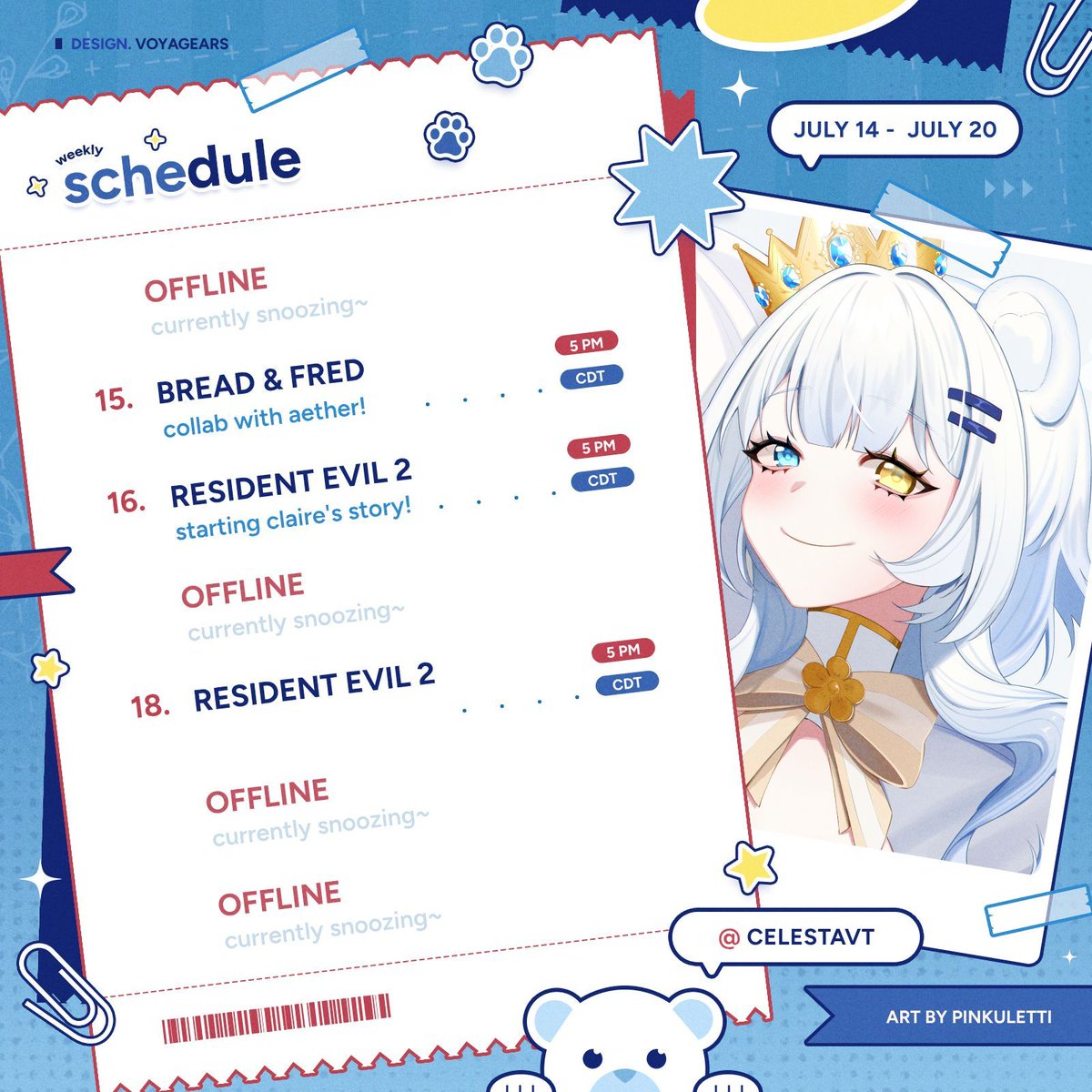 Celesta_VT's tweet image. stream schedule for july 14-20th! π
collab with aether__vt + continuing re2 π€
