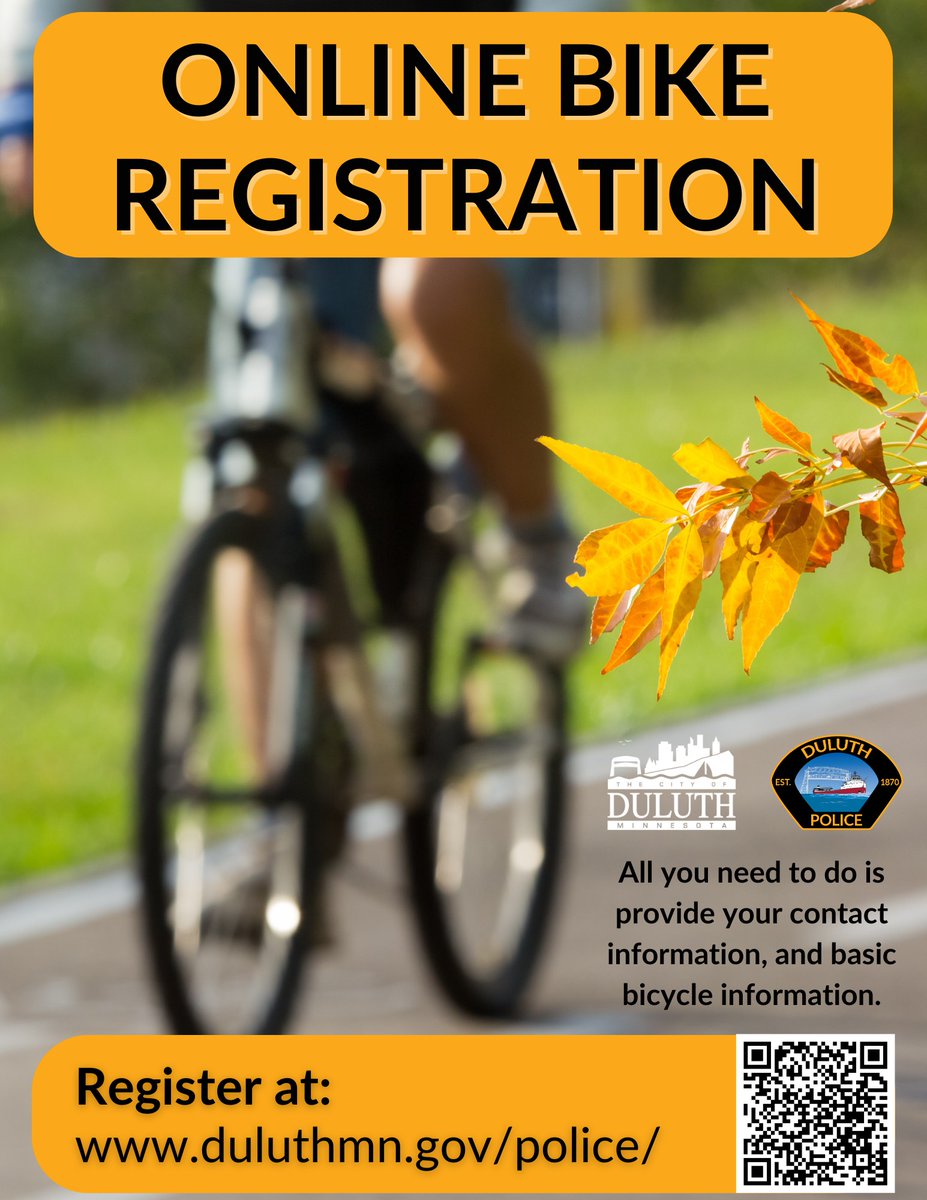 DuluthMNPolice's tweet image. Consider registering your bicycle with DPD. Registering your bicycle greatly increases the chances it will be returned to you if recovered. Register today at the link below!
duluthmn.gov/police/informa…