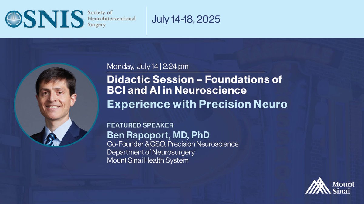 MountSinaiNeuro's tweet image. Dr. Ben Rapoport (@MountSinaiNeuro & @SinaiBioDesign), Co-Founder & CSO of @PrecisionNeuro_, presents “Experience w/ #PrecisionNeuro” at #SNIS2025, sharing insights on the #Layer7CorticalInterface, a high-resolution #BCI @SNISinfo #Neurotech #Neurosurgery