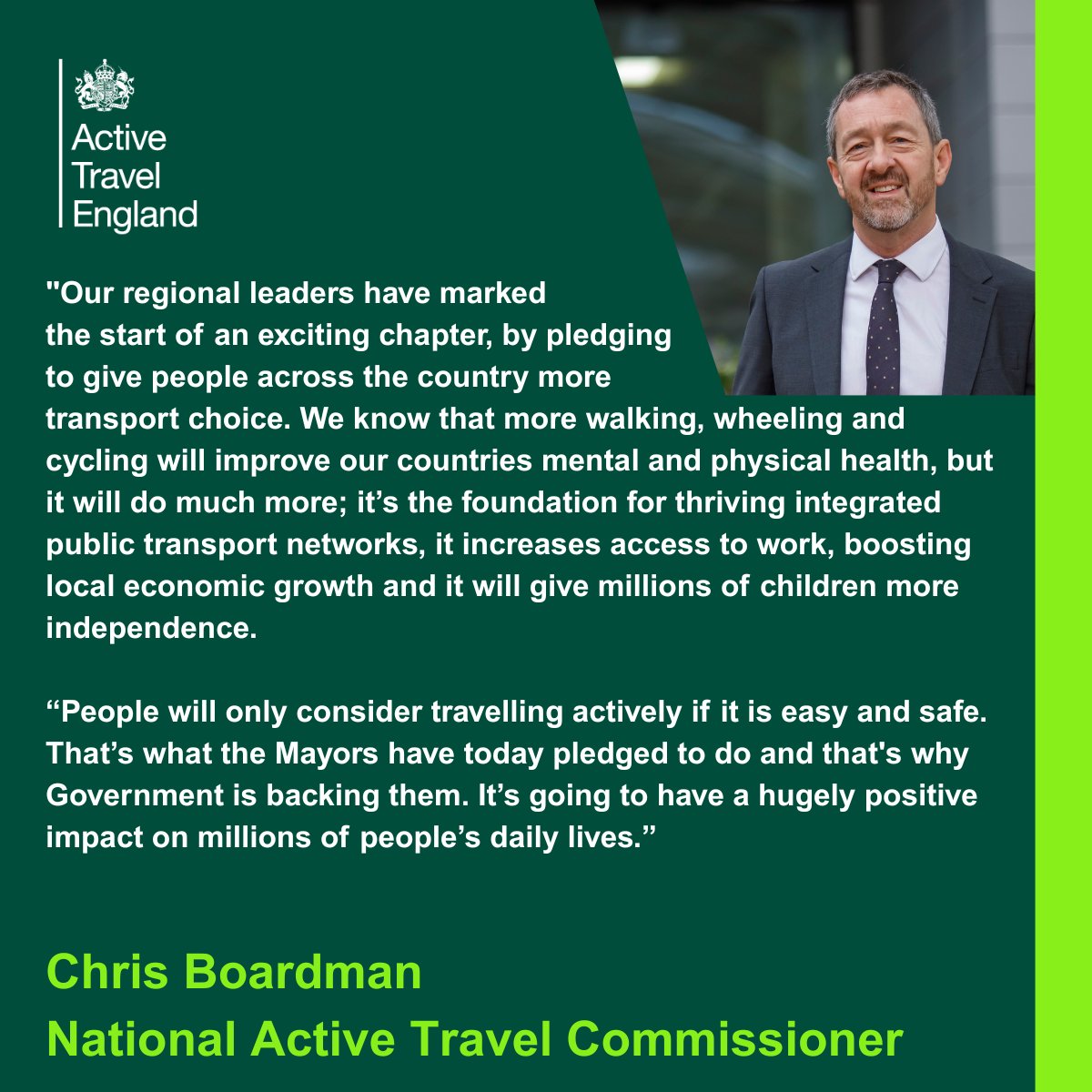 activetraveleng's tweet image. National Active Travel Commissioner @Chris_Boardman on why it's so important regional leaders are committed to making walking, wheeling and cycling easier, safer and more accessible for all.
More: activetravelengland.gov.uk/news/englands-…