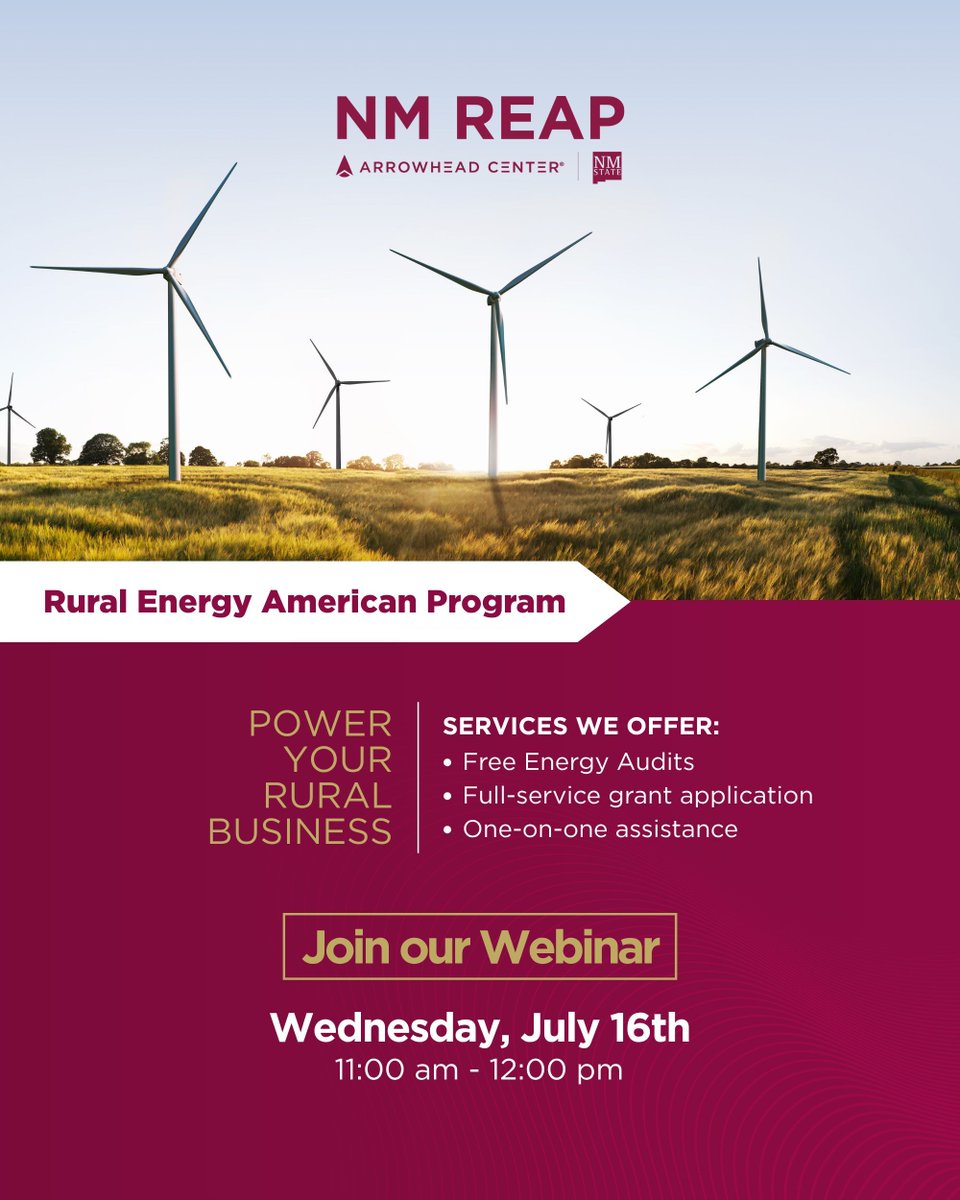 ATI_Arrowhead's tweet image. Join us for a free REAP Grant Webinar!
Learn how farms, businesses, and rural organizations can access @USDA funding for energy efficiency and renewable energy projects.
🗓️ Wednesday, July 16 at 11 AM (MT)
📍 Free & open to the public
🔗 Register here: bit.ly/nmreap_jul16