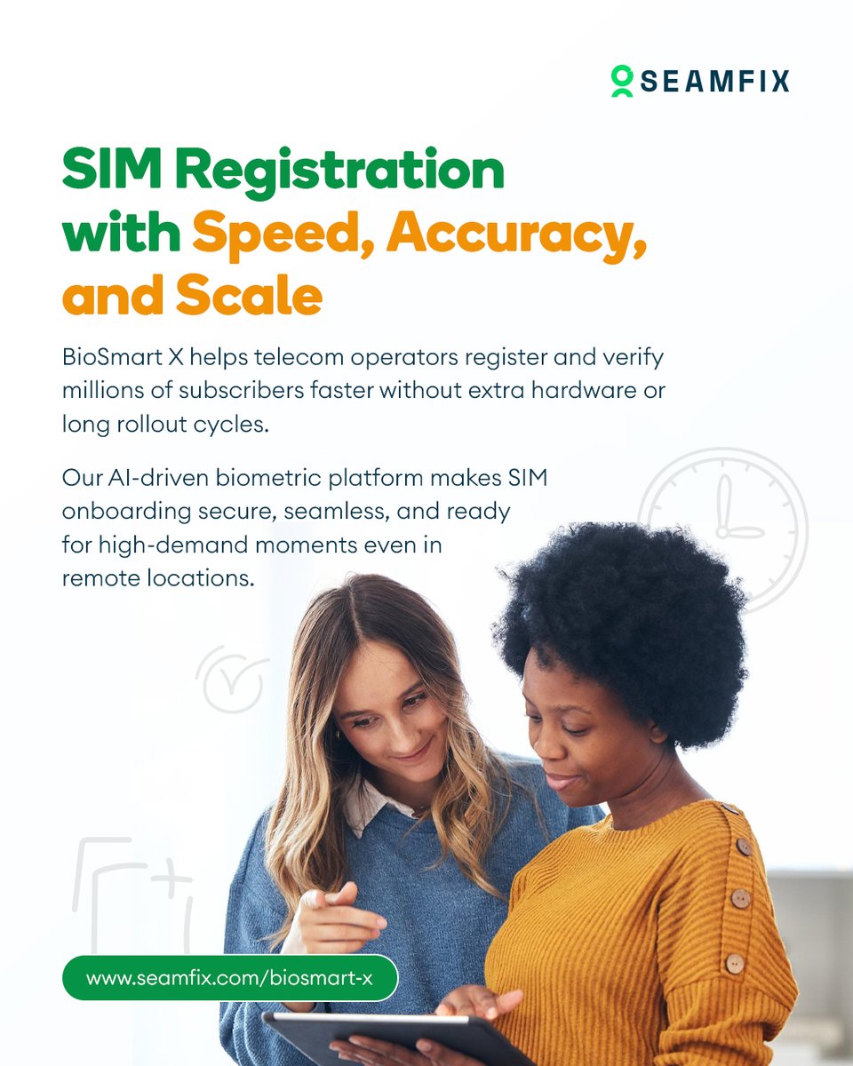 Scale SIM registration faster without extra hardware or a long setup time. BioSmart X helps you onboard millions with speed and precision.

Visit seamfix.com/biosmart-x to learn more

#Seamfix #BioSmartX