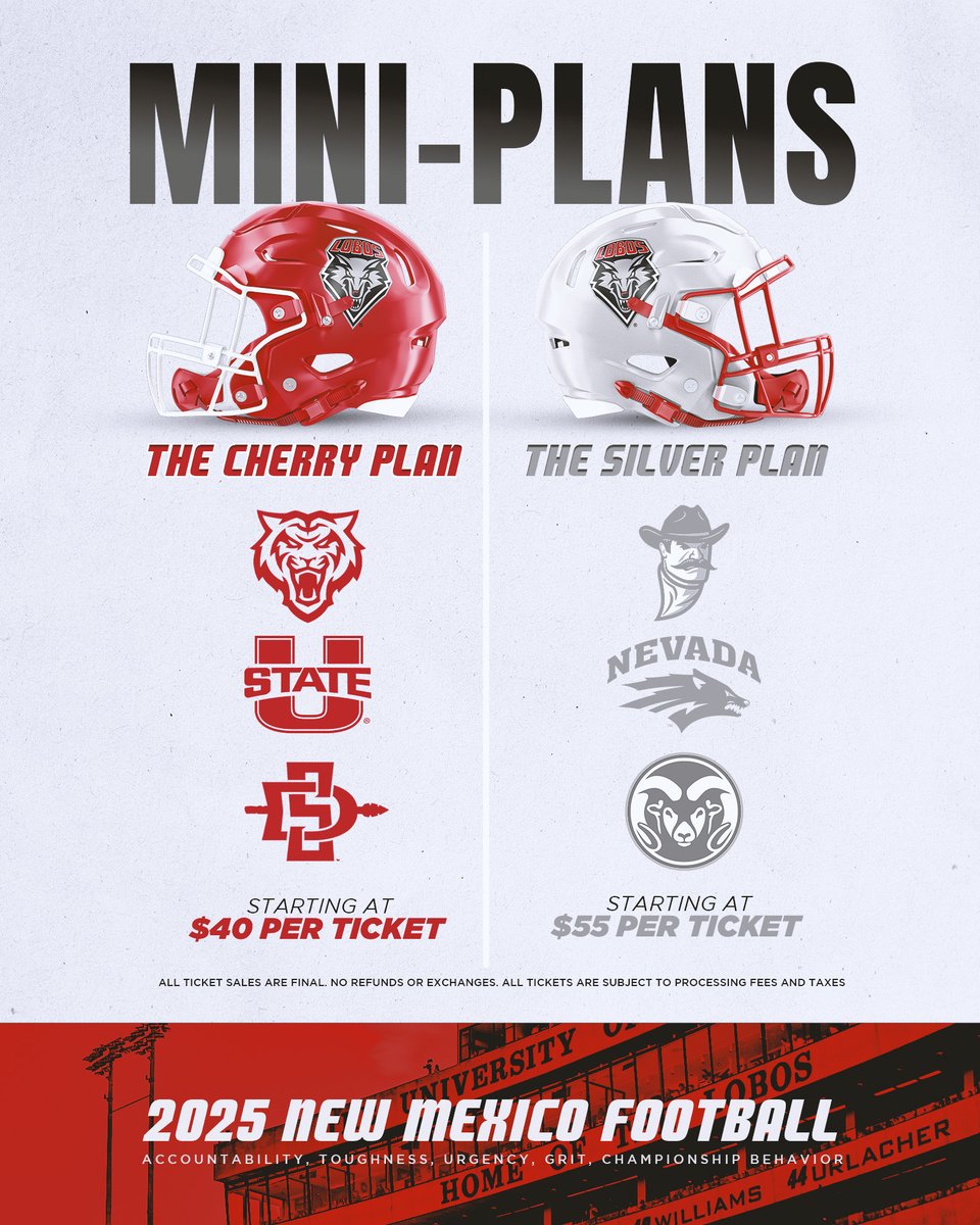 UNMLOBOS's tweet image. MINI-PLANS ARE HERE!
Cherry Plan: Idaho State,Utah State & SDSU β starting at $40
Silver Plan: NMSU, Nevada & CSU β starting at $55
Donβt miss out on the biggest games of 2025!
π« β‘οΈ GoLobos.com/tickets
#GoLobos