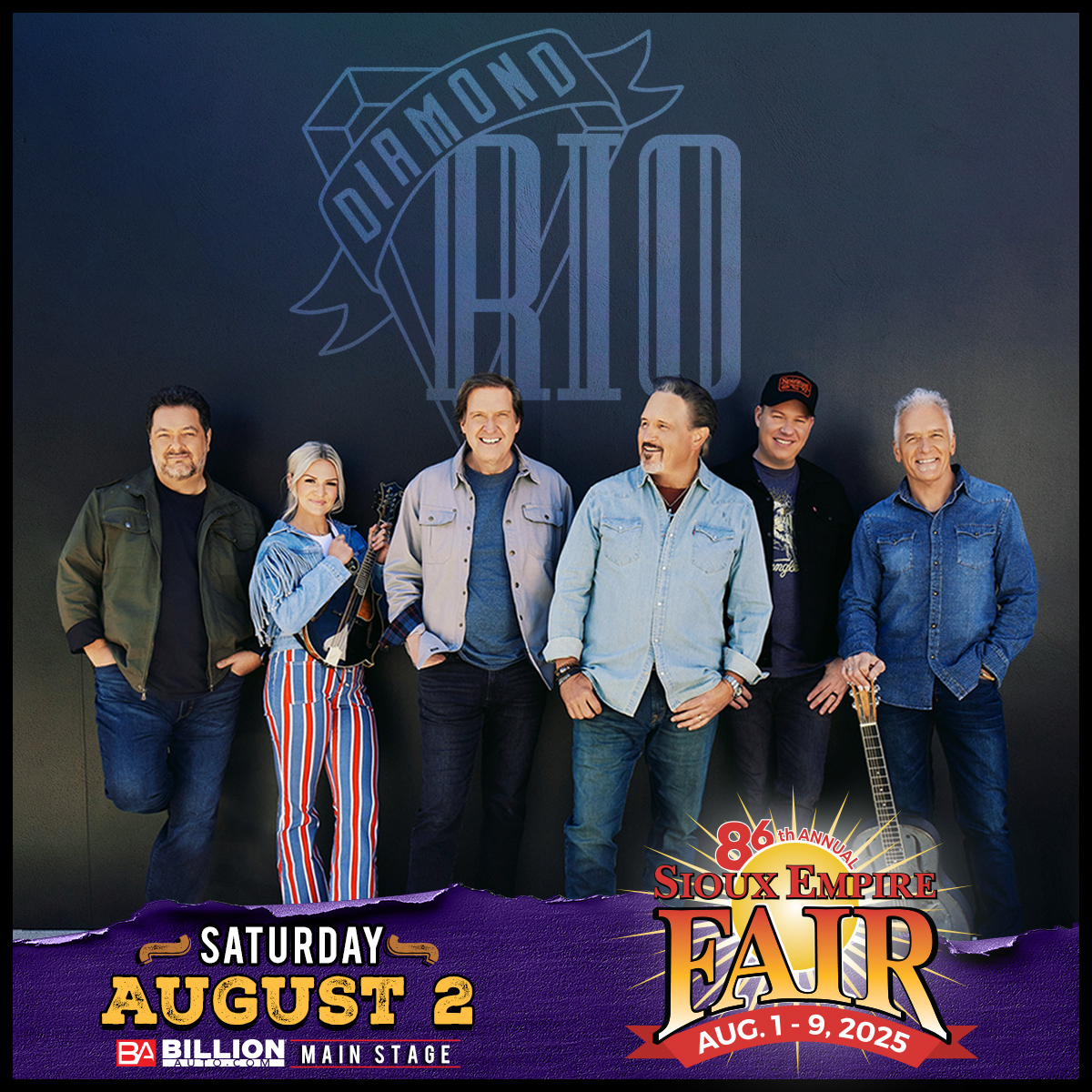 SiouxEmpireFair's tweet image. 🚨Announcement: Diamond Rio 🎶 Saturday, August 2nd on the Billion Automotive Main Stage at the Sioux Empire Fair/W.H. Lyon Fairgrounds! 🎡
🎟️ FREE with paid fair admission. Pit Passes on sale now, online only at siouxempirefair.com
Learn More >> siouxempirefair.com/events/2025/di…