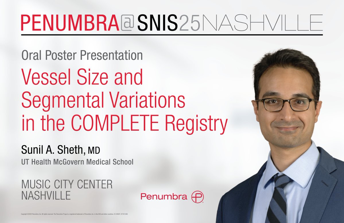 PenNeuro's tweet image. Don’t miss Dr. Sunil A. Sheth’s virtual poster presentation highlighting vessel size data from the COMPLETE Registry at #SNIS2025.
