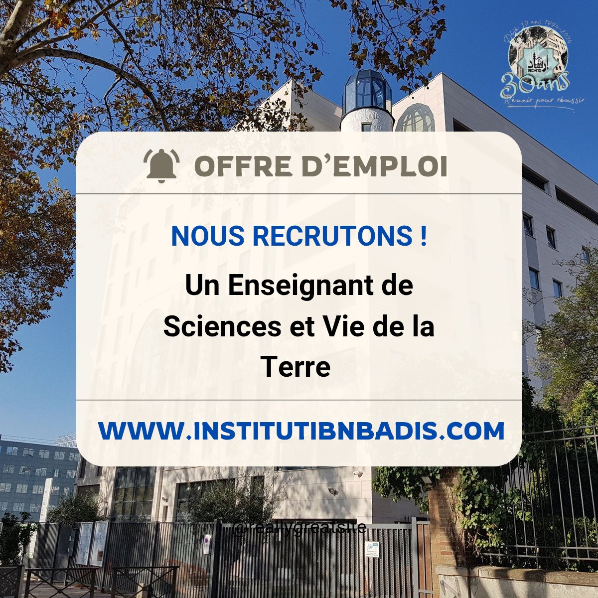 Pour plus d'informations et pour postuler c'est ici : 
institutibnbadis.com/enseignante-sc…