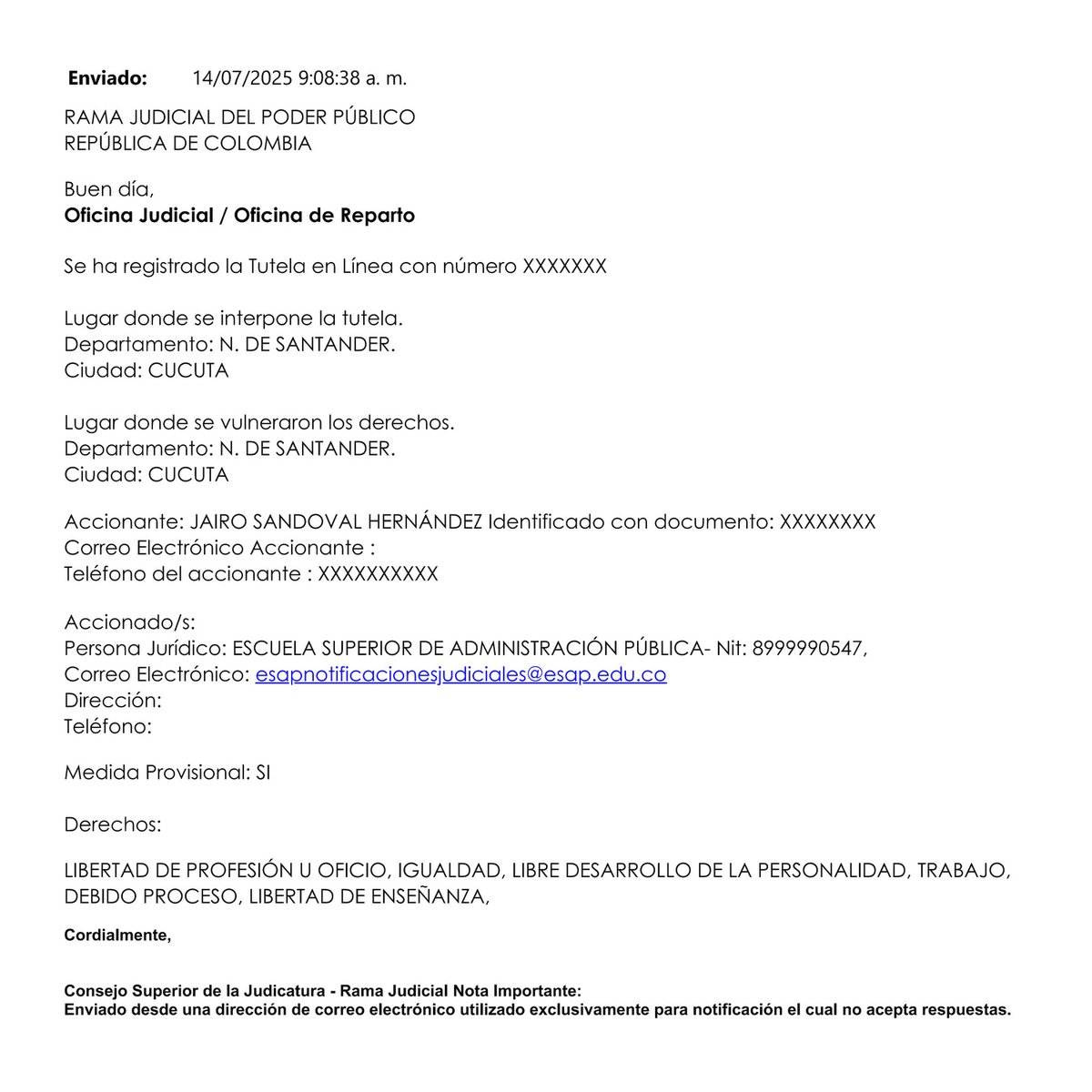 JairoJrSandhers's tweet photo. Instaurada #Tutela contra la @ESAPOficial por vulneración de mis derechos

https://t.co/895ZEw714w https://t.co/FpXkaiAqwD