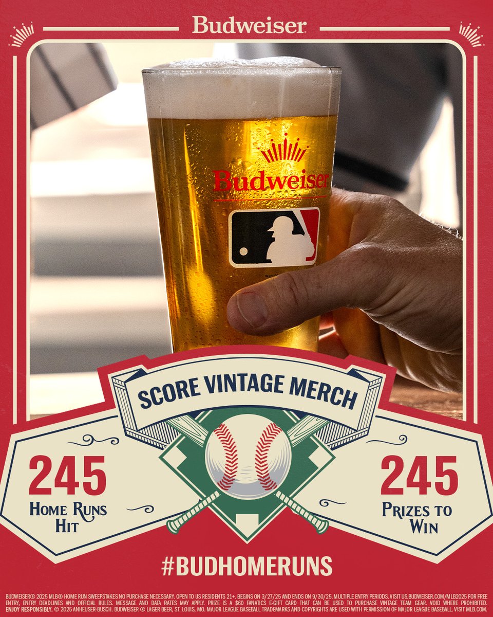 We had a week ladies and gentlemen, 245 home runs. That means you get 245 chances to score some vintage MLB gear. 

Enter for your chance to win by using #BudHomeRuns #Sweepstakes