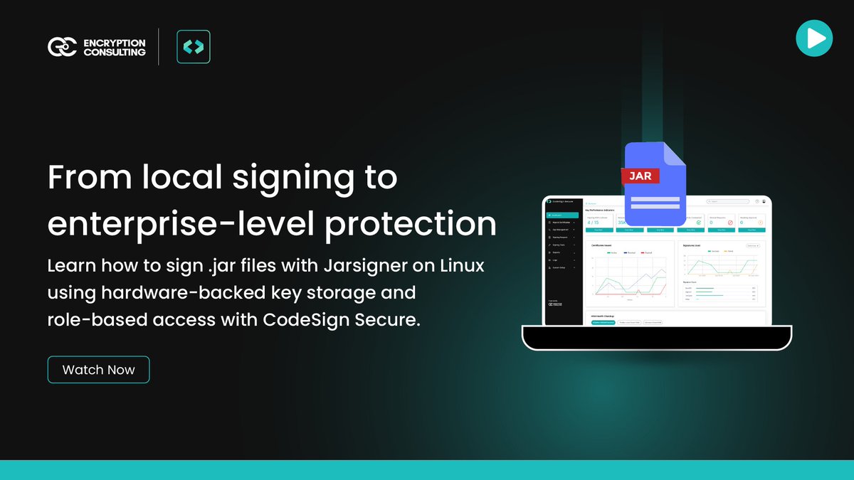 encryptioncons's tweet image. Learn how to securely sign JAR files on Ubuntu using jarsigner and CodeSign Secure’s PKCS 11 wrapper.
ow.ly/qZtm50Wp9mJ
#EncryptionConsulting #Cybersecurity #CodeSigning #CodeSign #SoftwareSecurity #CICD #CICDPipeline #HSM #PKCS11 #JavaSecurity #HSM