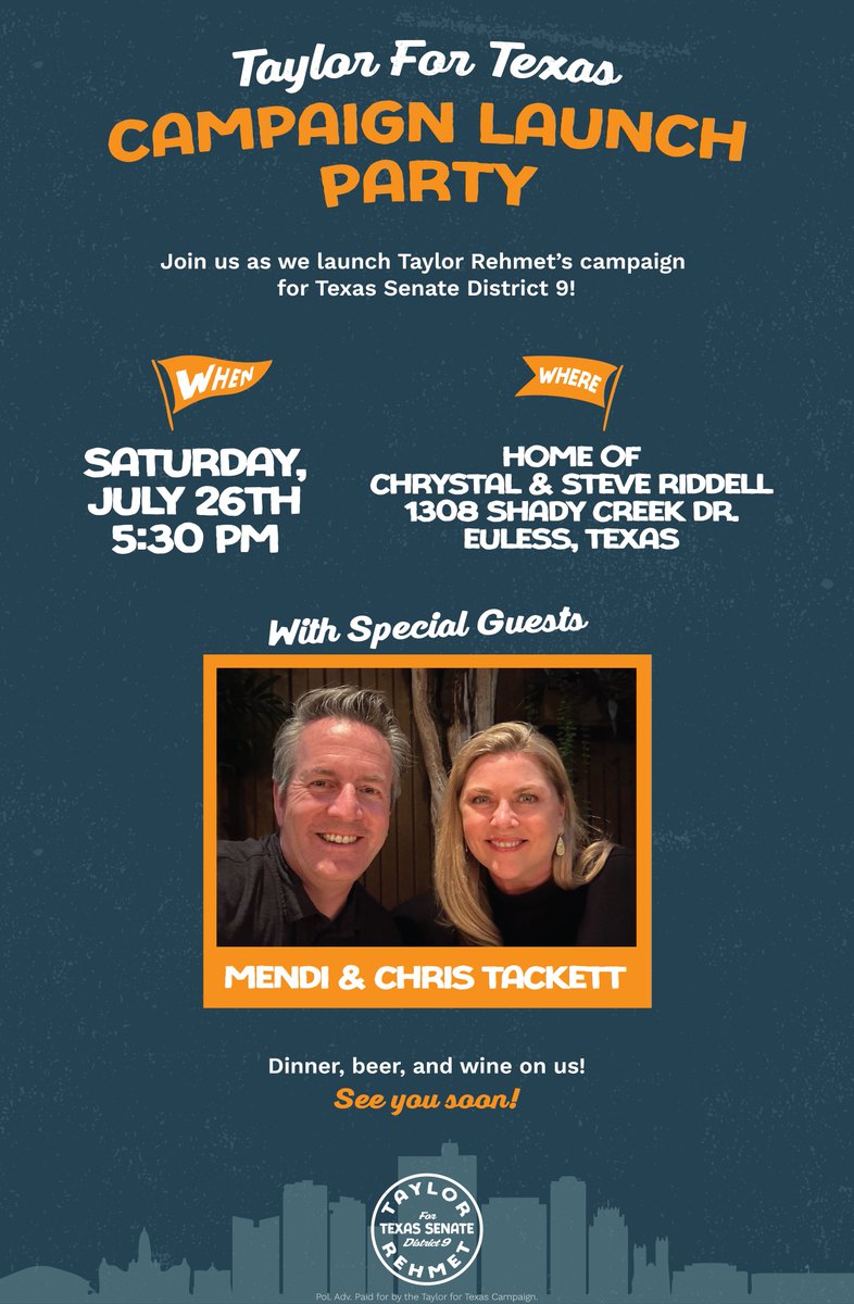 TaylorRehmetTX's tweet image. We're cleared for take off!
Join us as we officially launch Taylor Rehmet’s campaign for Texas Senate District 9 with special guests @mentack and @cjtackett.
Come hear from Taylor, meet the team, and help us chart a new course for Texas, one built for working families, not…