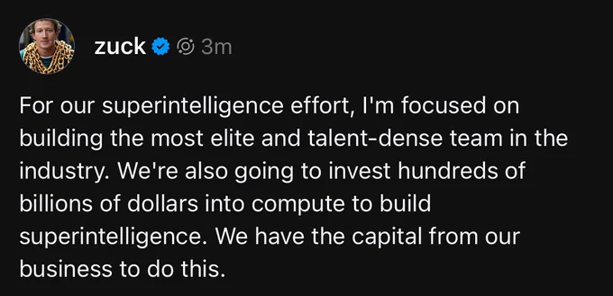 🚨 BREAKING: "Mark Zuckerberg: Meta punta a costruire un team d'élite per investire in superintelligenza"