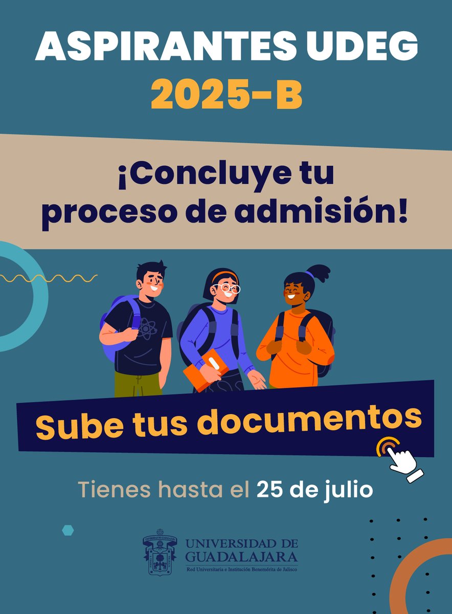 ¡Atención #AspiranteCUCS2025B! Recuerda concluir tu proceso de admisión.

🔗 Sube tus documentos en: escolar.udg.mx
⏰ Fecha límite: 25 de julio

¡No lo dejes pasar!