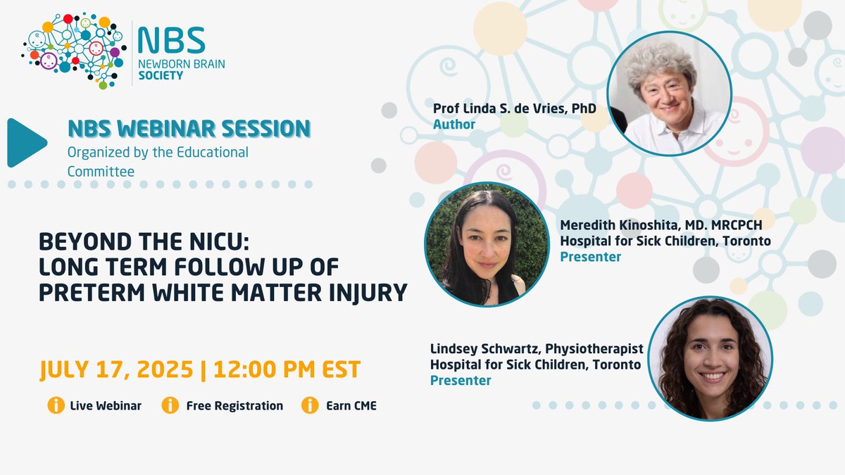 NewbornBrains's tweet image. Join us for this week's Beyond The NICU Educational Webinar series with guest speakers, Meredith Kinoshita and Lindsey Schwartz , on Thursday (7/17) at 12pm EST: "Long Term Follow Up of Preterm White Matter Injury"
Objectives:
1. Recognize the risk factors for preterm white…