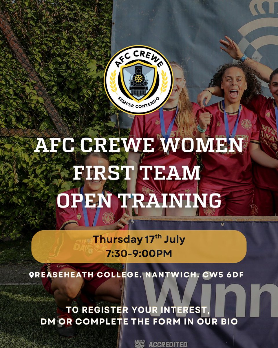 afc_crewe's tweet photo. 📣  CALLING ALL WOMENS PLAYERS 

Are you looking for a fresh challenge? Want to join a hugely ambitious and progressive team?

We looking for players to strengthen our squad ahead of our first season in the North West Women's Regional League - Division 1 (Tier 6), and will be holding an additional open sessions, with the first this coming Thursday.

🤳 DM for more details, or use the form linked in our bio to register your interest.

Come and join us at Reaseheath College at 7:30PM. 

#oneafccrewe #womensfootball