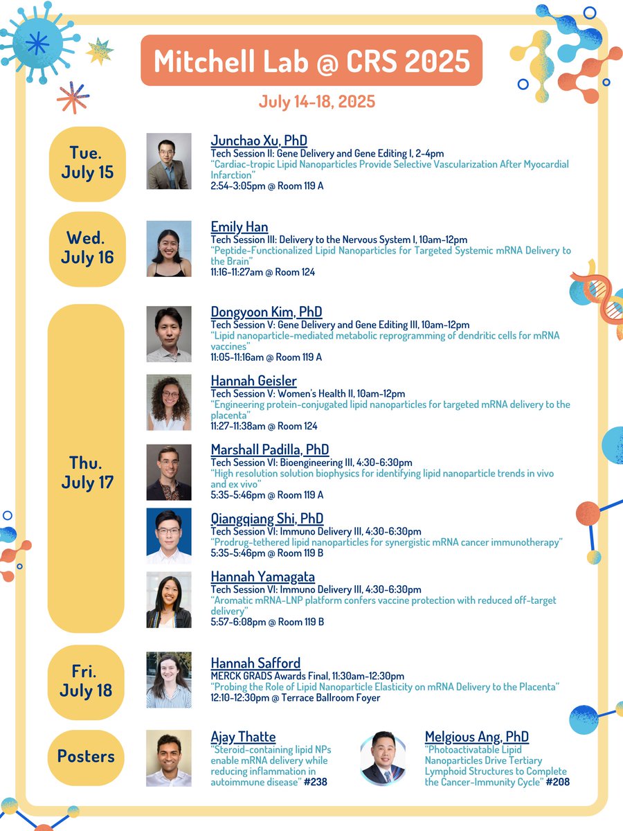 Mike Mitchell (@mjmitchell_lab) on Twitter photo Mitchell Lab is off to #CRS2025 to give 8 talks by <a href="/Junchao_online/">Junchao Xu</a> <a href="/_emilyhan_/">Emily Han</a> <a href="/DongyoonKim5/">Dongyoon Kim</a> <a href="/HannahGeisler_/">Hannah Geisler</a> <a href="/ShiQiangqiang/">Qiangqiang Shi</a> <a href="/hannahyamagata/">Hannah Yamagata</a> <a href="/hannahsafford_/">Hannah Safford</a> on mRNA vaccines, lipid nanoparticles, cancer immunotherapy, fetal and maternal health, CNS targeting and more! <a href="/CRSScience/">Controlled Release Society</a> Mitchell Lab is off to #CRS2025 to give 8 talks by <a href="/Junchao_online/">Junchao Xu</a> <a href="/_emilyhan_/">Emily Han</a> <a href="/DongyoonKim5/">Dongyoon Kim</a> <a href="/HannahGeisler_/">Hannah Geisler</a> <a href="/ShiQiangqiang/">Qiangqiang Shi</a> <a href="/hannahyamagata/">Hannah Yamagata</a> <a href="/hannahsafford_/">Hannah Safford</a> on mRNA vaccines, lipid nanoparticles, cancer immunotherapy, fetal and maternal health, CNS targeting and more! <a href="/CRSScience/">Controlled Release Society</a>