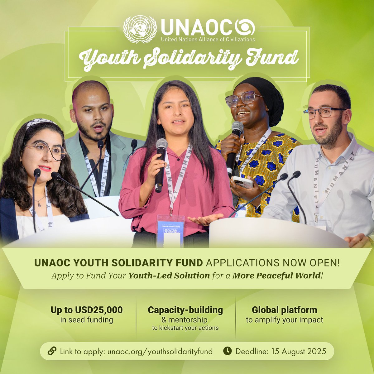 UNAOC Youth Solidarity Fund invests in #YouthLed orgs that⬇️

🌐 Promote peace across cultures &amp; faiths
💡 are 100% youth-designed and -led projects
Apply today: apply.unaoc.org/youthsolidarit…

#UNAOCyouth #Youth4Peace