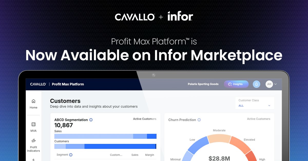 wearecavallo's tweet image. We have some exciting news!
Cavallo’s Profit Max Platform is now live on the Infor Marketplace!
Helping distributors unlock margin opportunities, streamline operations, and drive smarter, faster decisions.
👉 Explore it now: hubs.la/Q03x3jwY0
#ProfitMaximization #Infor