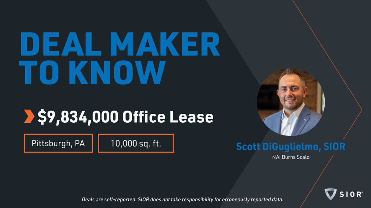 SIORglobal's tweet image. SIORs keep bringing in the deals! Congratulations to Scott DiGuglielmo, SIOR, for landing a $9.8M office lease in Pittsburgh, PA and the top #office deal of the week.
Submit your deals to be featured! hubs.ly/Q03x3tYF0
#SIOR #TopDeals #TopBrokers #OfficeLease