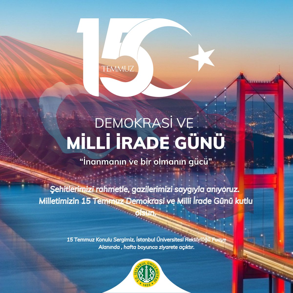 🇹🇷15 Temmuz Demokrasi ve Millî İrade Günü

İnanmanın ve bir olmanın gücüyle yazılan bir destanın yıldönümünde; şehitlerimizi rahmetle, gazilerimizi saygıyla anıyoruz.

Milletimizin 15 Temmuz Demokrasi ve Millî İrade Günü kutlu olsun.